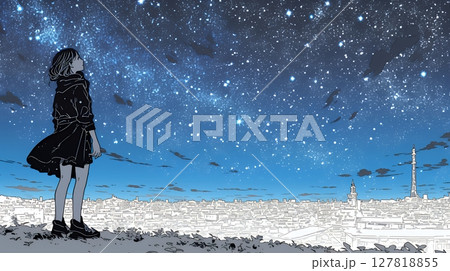 星空を眺めている若い女性