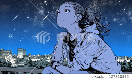 星空を眺めている若い女性