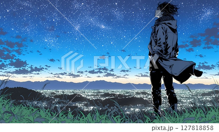星空を眺めている若い女性