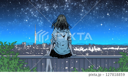 星空を眺めている若い女性