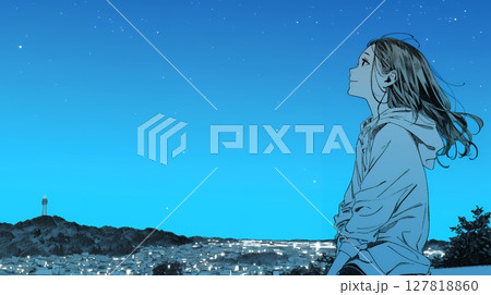 星空を眺めている若い女性