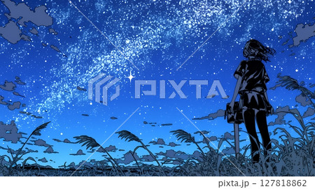 星空を眺めている若い女性 127818862