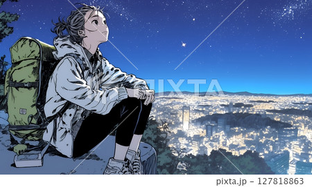 星空を眺めている若い女性