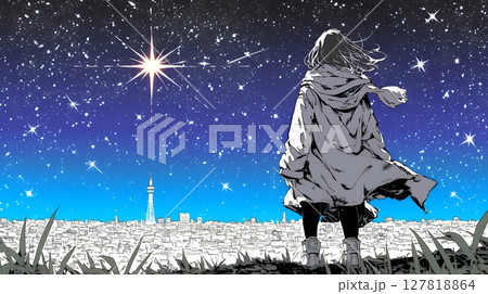 星空を眺めている若い女性