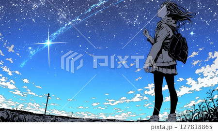星空を眺めている若い女性
