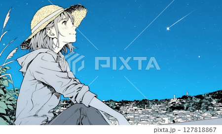 星空を眺めている若い女性