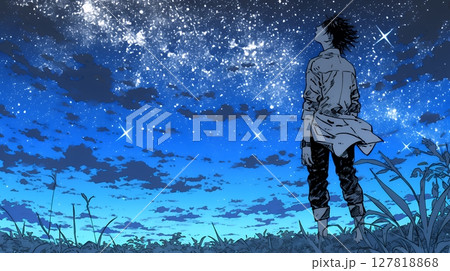 星空を眺めている若い女性 127818868