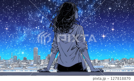 星空を眺めている若い女性 127818870