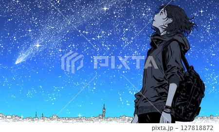 星空を眺めている若い女性
