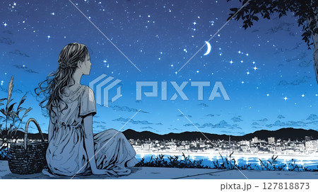 星空を眺めている若い女性
