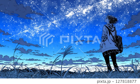 星空を眺めている若い女性