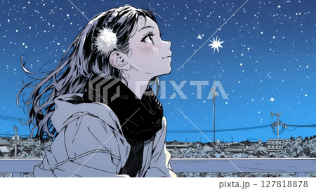 星空を眺めている若い女性 127818878