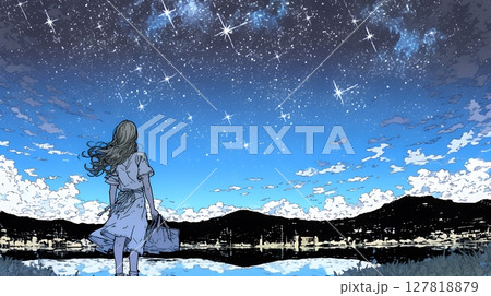 星空を眺めている若い女性