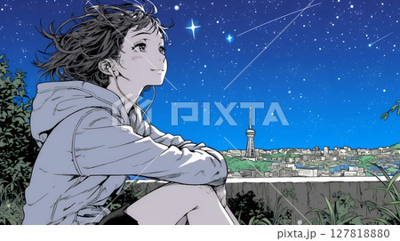 星空を眺めている若い女性
