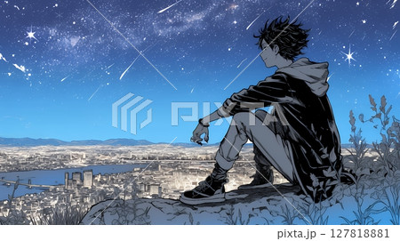 星空を眺めている若い女性