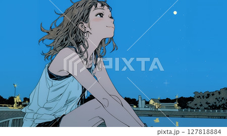 星空を眺めている若い女性