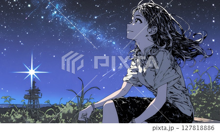 星空を眺めている若い女性