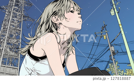 星空を眺めている若い女性