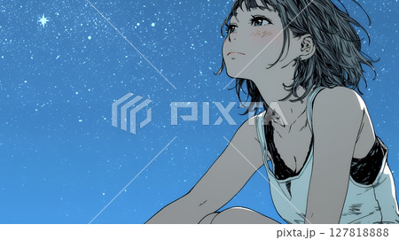 星空を眺めている若い女性