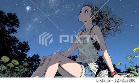 星空を眺めている若い女性