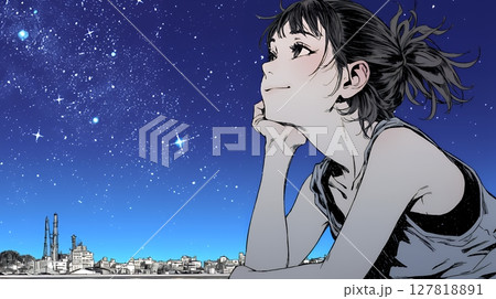 星空を眺めている若い女性