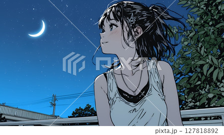 星空を眺めている若い女性
