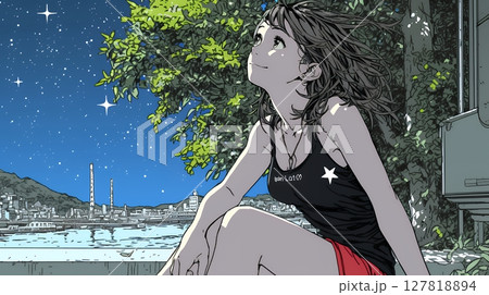 星空を眺めている若い女性