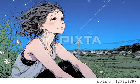 星空を眺めている若い女性