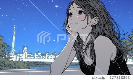 星空を眺めている若い女性