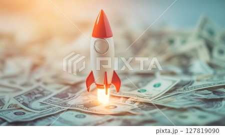 Miniature rocket launching from dollar bills representing successful investment, financial growth, and the potential for high returns in the stock market or cryptocurrency trading 127819090