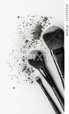 Professional makeup brushes are lying on a white surface with scattered dark eyeshadow, creating a stylish and elegant flat lay composition for beauty and cosmetics concepts Professional makeup brushes are lying on a white surface with scattered dark eyeshadow, creating a stylish and elegant flat lay composition for beauty and cosmetics concepts 127819104