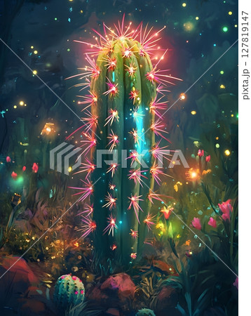A_whimsical_glowing_cactus_with_spines 127819147