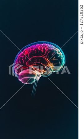 Colorful human brain glowing on dark background representing medical innovation and scientific research in neurology, psychology, and artificial intelligence 127819262