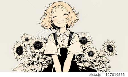 ひまわりと女性（シンプルな色使い）