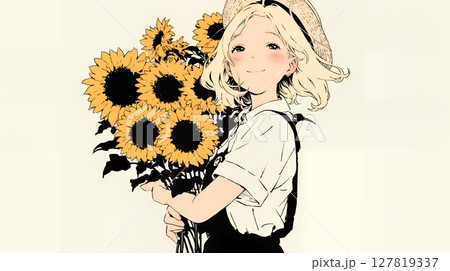 ひまわりと女性（シンプルな色使い）