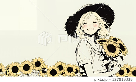 ひまわりと女性（シンプルな色使い）