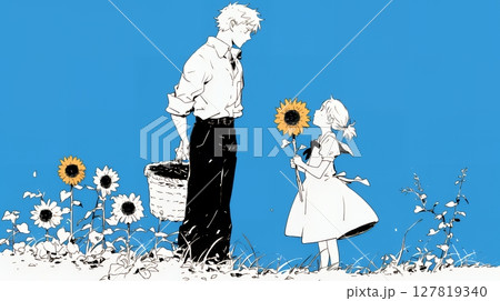 ひまわりと女の子と父親（シンプルな色使い）