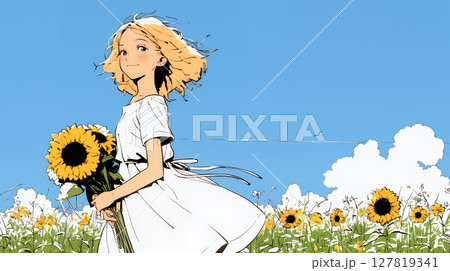 ひまわりと女性（シンプルな色使い）