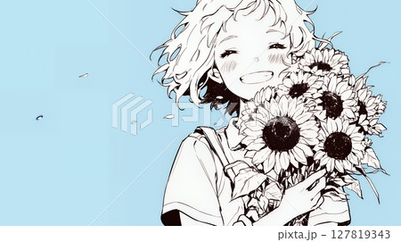 ひまわりと女性（シンプルな色使い）
