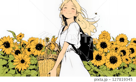 ひまわりと女性（シンプルな色使い）