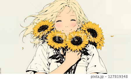 ひまわりと女性（シンプルな色使い）