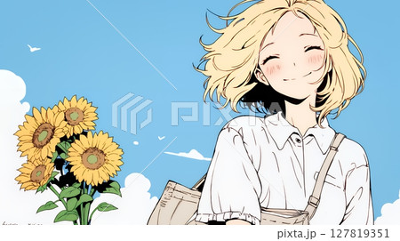 ひまわりと女性（シンプルな色使い）