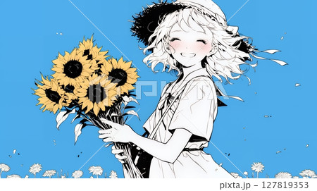 ひまわりと女性（シンプルな色使い）
