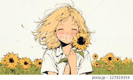 ひまわりと女性（シンプルな色使い）