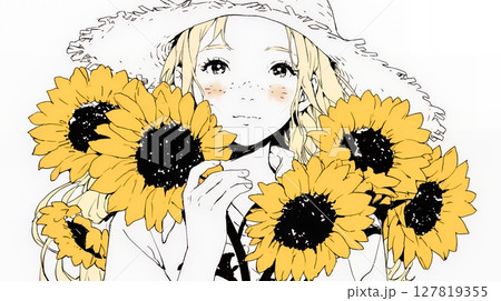 ひまわりと女性（シンプルな色使い）