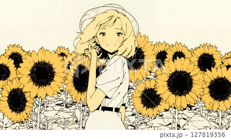 ひまわりと女性（シンプルな色使い）
