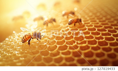 Honey bees working on a honeycomb create golden honey under sunlight, highlighting the hive's intricate structure and the beauty of the honey making process 127819433