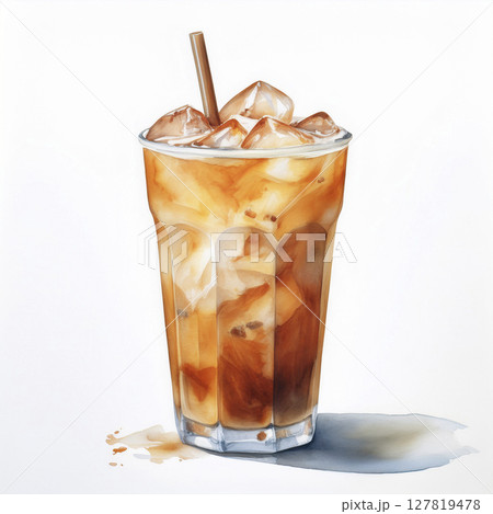 【水彩画 AI生成画像】アイスロイヤルミルクティー テイクアウト カフェ 飲み物 ドリンク 白背景  127819478