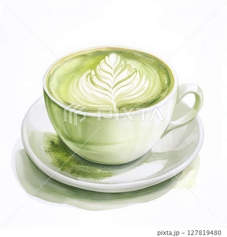 【水彩画 AI生成画像】抹茶オレ ホイップ 抹茶ラテ カフェ 飲み物 ホット ドリンク 白背景 127819480