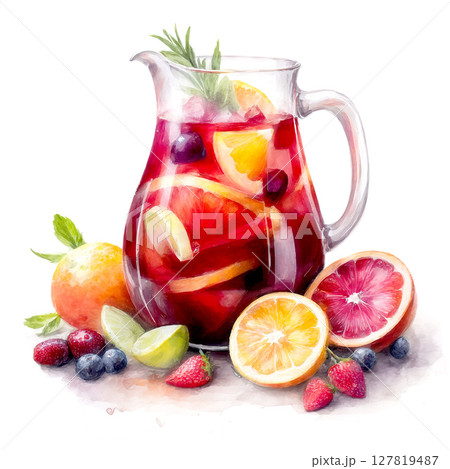 【水彩画 AI生成画像】サングリア フルーツ 柑橘類 ベリー ノンアルコール 飲み物 ドリンク 白背 【水彩画 AI生成画像】サングリア フルーツ 柑橘類 ベリー ノンアルコール 飲み物 ドリンク 白背 127819487